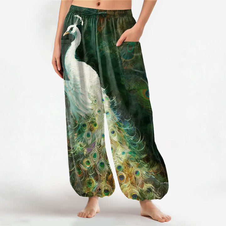 Buddha Stones Pantalones harem de algodón blanco con estampado de plumas de pavo real para mujer, cintura elástica y bolsillos laterales. - Verde oscuro - US16，UK/AU20，EU48 (3XL) - image 10