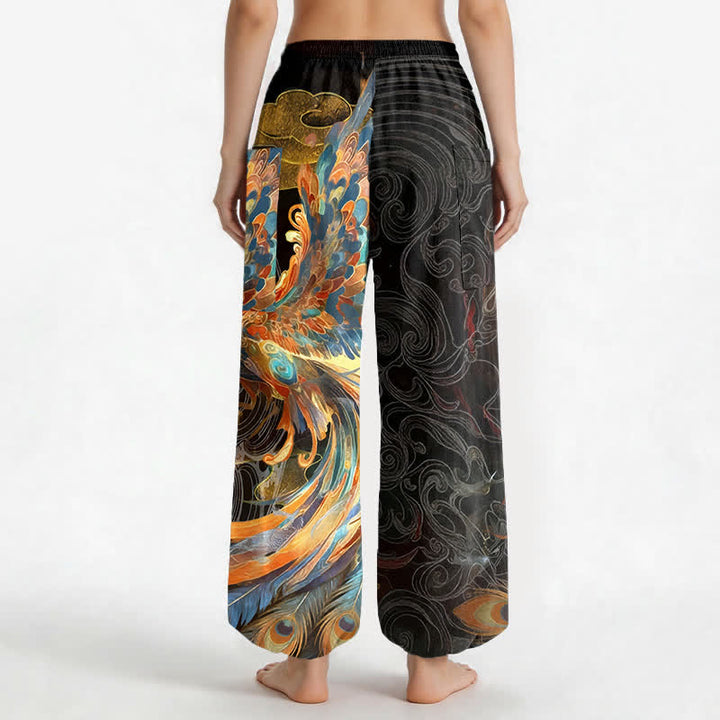 Buddha Stones Pantalones harem de algodón estilo bohemio con estampado de plumas de fénix volador para mujer, cintura elástica y bolsillos laterales. - image 2