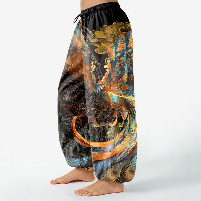 Buddha Stones Pantalones harem de algodón estilo bohemio con estampado de plumas de fénix volador para mujer, cintura elástica y bolsillos laterales. - image 1
