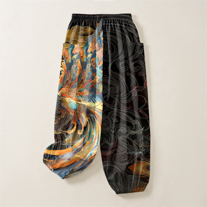 Buddha Stones Pantalones harem de algodón estilo bohemio con estampado de plumas de fénix volador para mujer, cintura elástica y bolsillos laterales. - image 4
