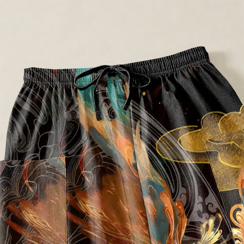 Buddha Stones Pantalones harem de algodón estilo bohemio con estampado de plumas de fénix volador para mujer, cintura elástica y bolsillos laterales. - image 5