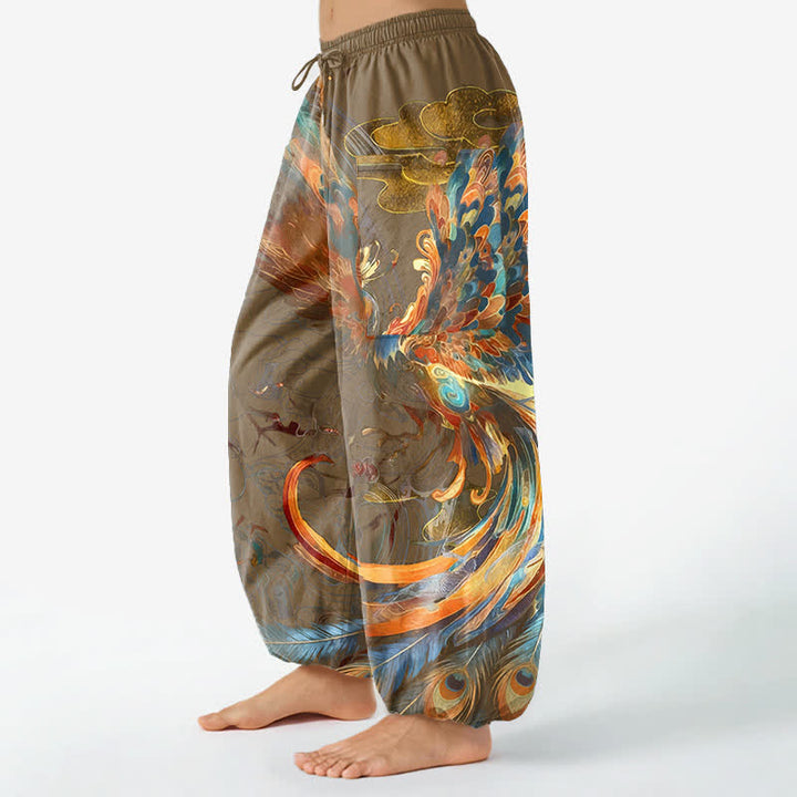Buddha Stones Pantalones harem de algodón estilo bohemio con estampado de plumas de fénix volador para mujer, cintura elástica y bolsillos laterales. - image 8