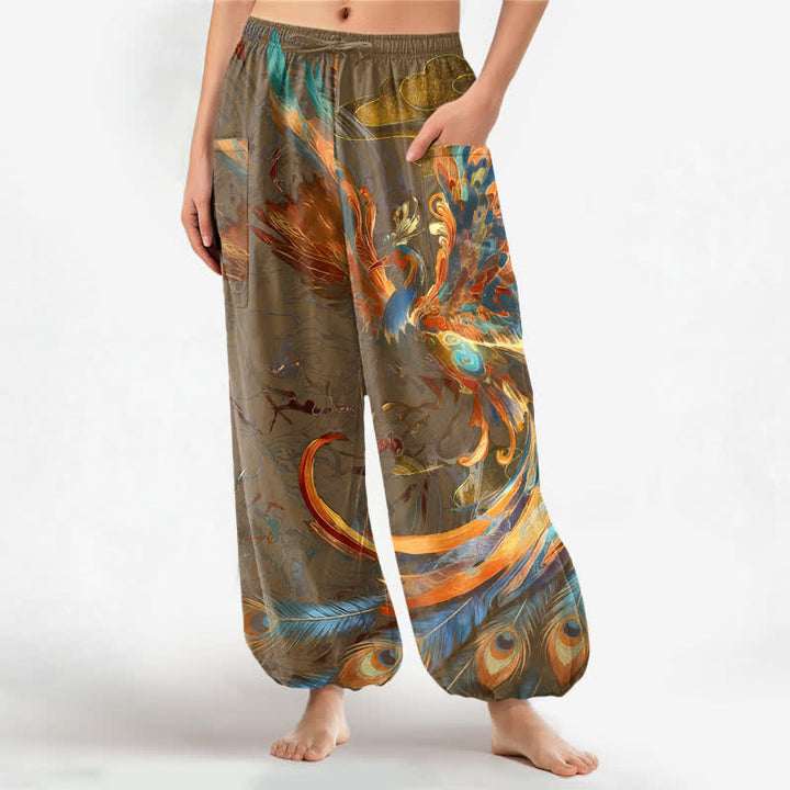Buddha Stones Pantalones harem de algodón estilo bohemio con estampado de plumas de fénix volador para mujer, cintura elástica y bolsillos laterales. - Perú - US16，UK/AU20，EU48 (3XL) - image 7