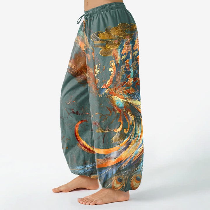 Buddha Stones Pantalones harem de algodón estilo bohemio con estampado de plumas de fénix volador para mujer, cintura elástica y bolsillos laterales. - image 11