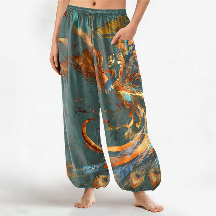 Buddha Stones Pantalones harem de algodón estilo bohemio con estampado de plumas de fénix volador para mujer, cintura elástica y bolsillos laterales. - Azul cadete - US16，UK/AU20，EU48 (3XL) - image 10