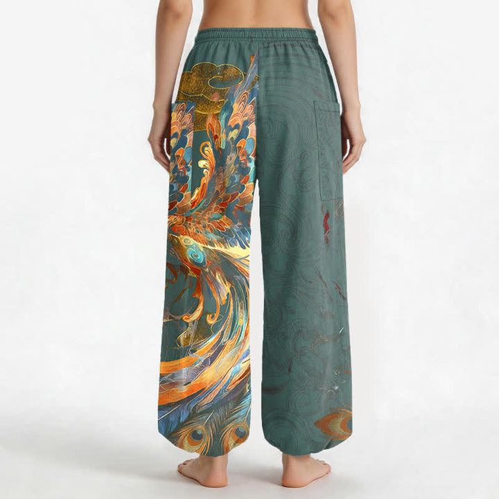 Buddha Stones Pantalones harem de algodón estilo bohemio con estampado de plumas de fénix volador para mujer, cintura elástica y bolsillos laterales. - image 12