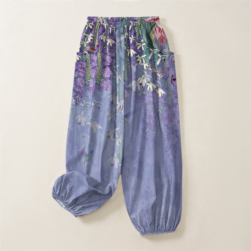 Buddha Stones Pantalones harem de algodón vintage con estampado floral de glicinias y cintura elástica para mujer, con bolsillos laterales. - image 4