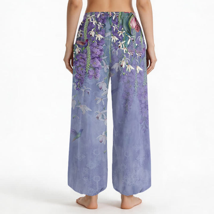 Buddha Stones Pantalones harem de algodón vintage con estampado floral de glicinias y cintura elástica para mujer, con bolsillos laterales. - image 2