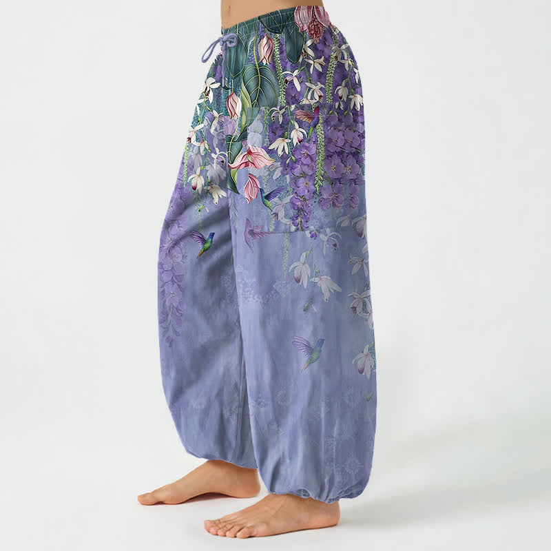 Buddha Stones Pantalones harem de algodón vintage con estampado floral de glicinias y cintura elástica para mujer, con bolsillos laterales. - image 1