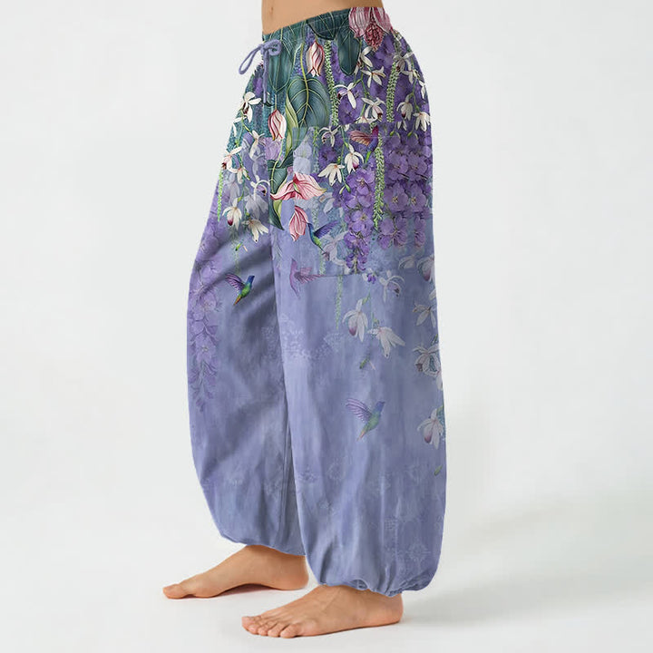 Buddha Stones Pantalones harem de algodón vintage con estampado floral de glicinias y cintura elástica para mujer, con bolsillos laterales. - image 1