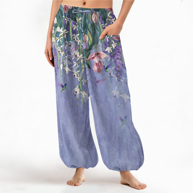 Buddha Stones Pantalones harem de algodón vintage con estampado floral de glicinias y cintura elástica para mujer, con bolsillos laterales. - Lavanda - US16，UK/AU20，EU48 (3XL) - image 0
