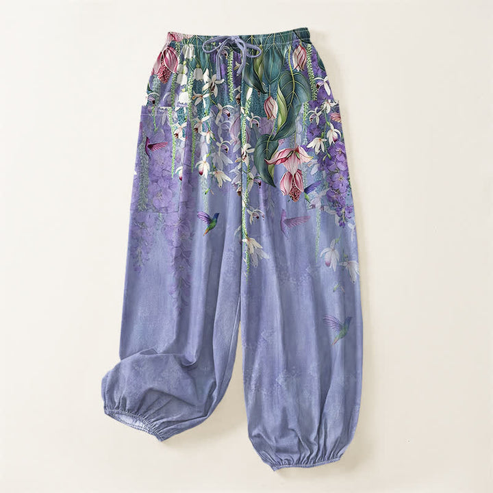 Buddha Stones Pantalones harem de algodón vintage con estampado floral de glicinias y cintura elástica para mujer, con bolsillos laterales. - image 3
