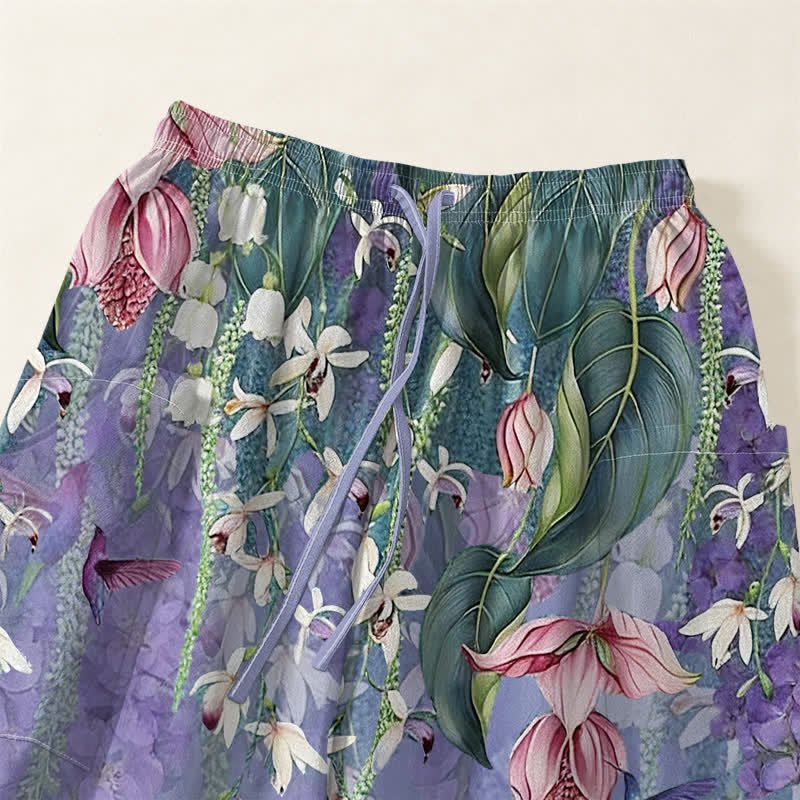 Buddha Stones Pantalones harem de algodón vintage con estampado floral de glicinias y cintura elástica para mujer, con bolsillos laterales. - image 5