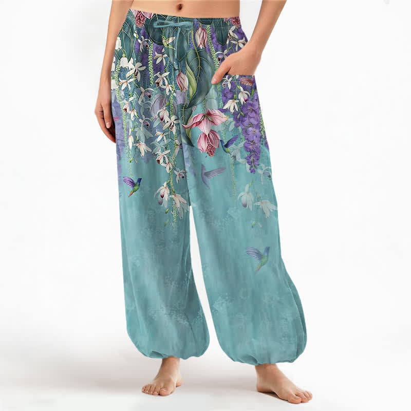 Buddha Stones Pantalones harem de algodón vintage con estampado floral de glicinias y cintura elástica para mujer, con bolsillos laterales. - Turquesa medio - US16，UK/AU20，EU48 (3XL) - image 7