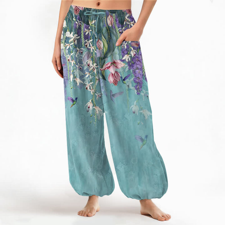 Buddha Stones Pantalones harem de algodón vintage con estampado floral de glicinias y cintura elástica para mujer, con bolsillos laterales. - Turquesa medio - US16，UK/AU20，EU48 (3XL) - image 7