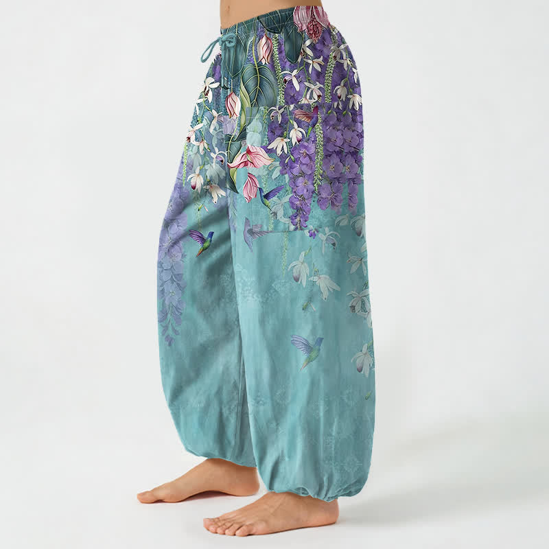Buddha Stones Pantalones harem de algodón vintage con estampado floral de glicinias y cintura elástica para mujer, con bolsillos laterales. - image 8
