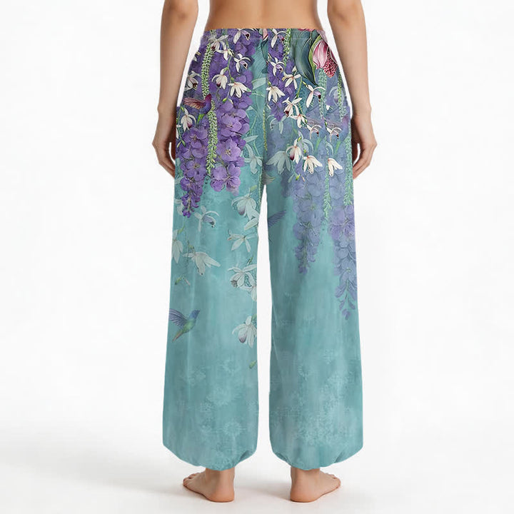 Buddha Stones Pantalones harem de algodón vintage con estampado floral de glicinias y cintura elástica para mujer, con bolsillos laterales. - image 9