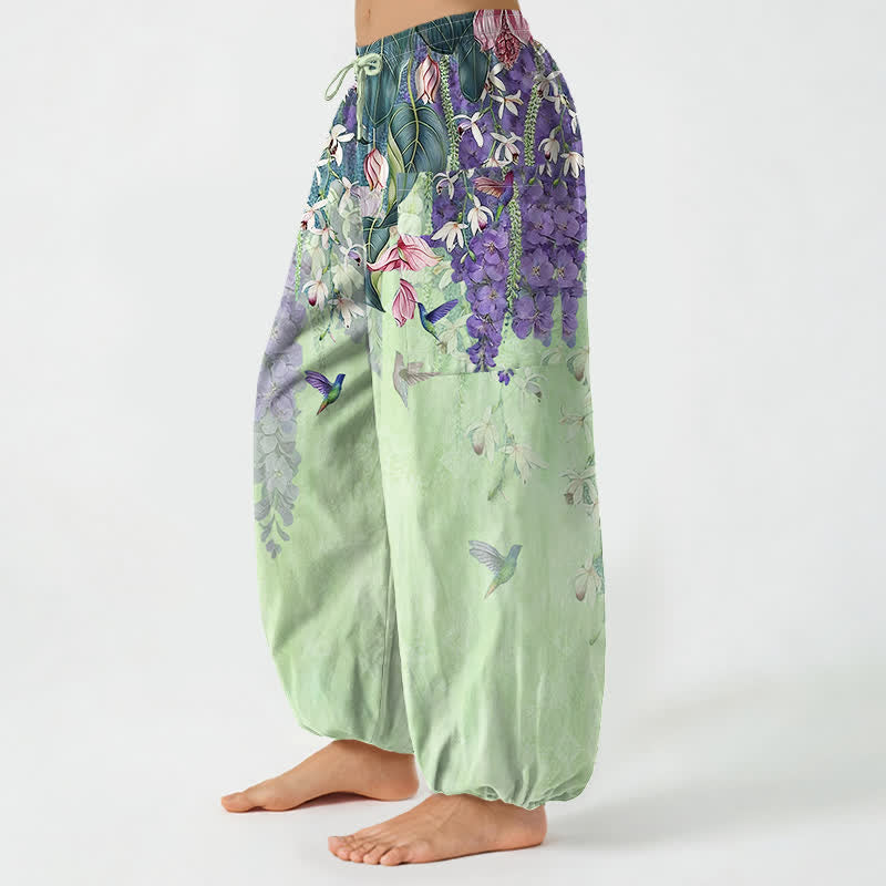 Buddha Stones Pantalones harem de algodón vintage con estampado floral de glicinias y cintura elástica para mujer, con bolsillos laterales. - image 11