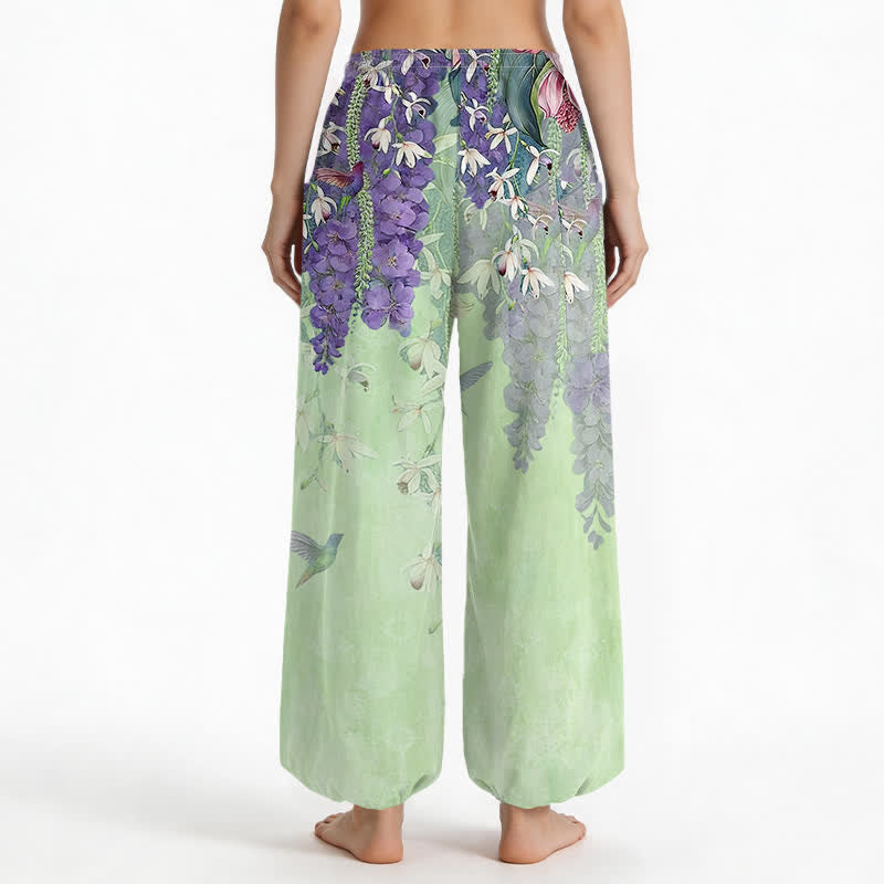 Buddha Stones Pantalones harem de algodón vintage con estampado floral de glicinias y cintura elástica para mujer, con bolsillos laterales. - image 12