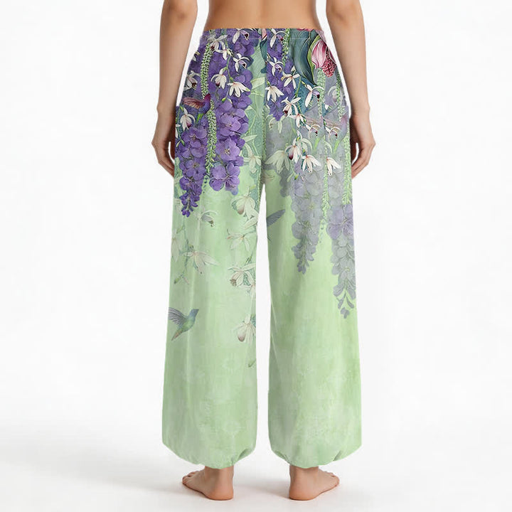 Buddha Stones Pantalones harem de algodón vintage con estampado floral de glicinias y cintura elástica para mujer, con bolsillos laterales. - image 12