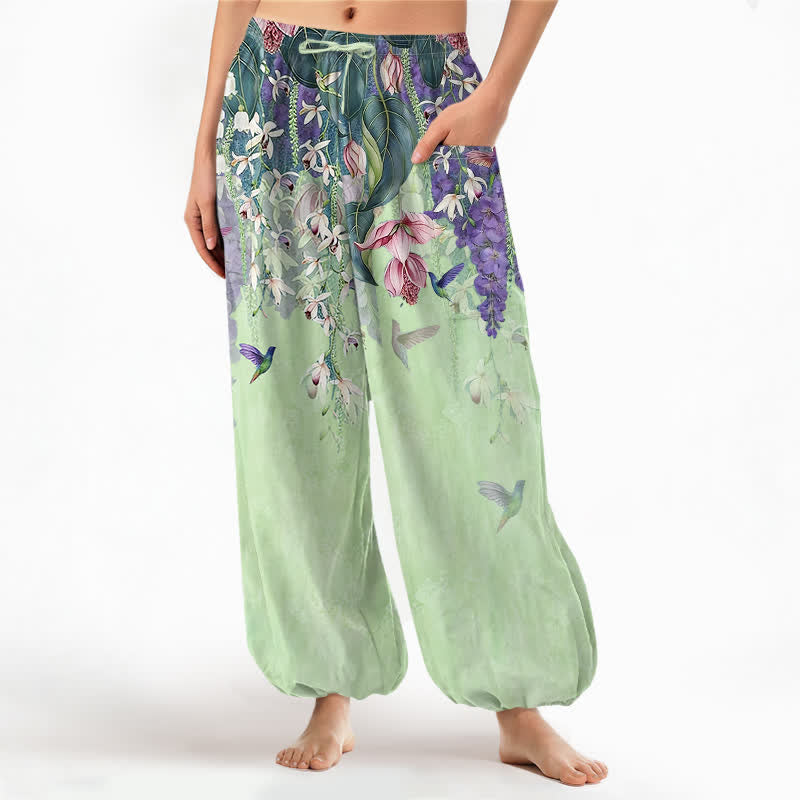 Buddha Stones Pantalones harem de algodón vintage con estampado floral de glicinias y cintura elástica para mujer, con bolsillos laterales. - Verde pálido - US16，UK/AU20，EU48 (3XL) - image 10