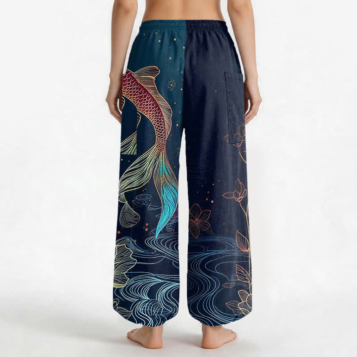 Buddha Stones Pantalones harem de algodón para mujer con estampado de peces koi y flores de loto, cintura elástica y bolsillos laterales. - image 2