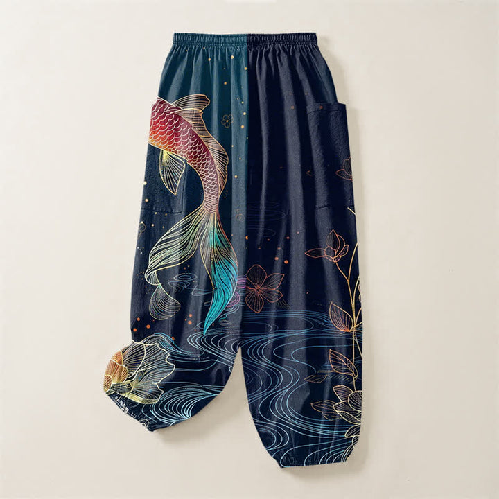 Buddha Stones Pantalones harem de algodón para mujer con estampado de peces koi y flores de loto, cintura elástica y bolsillos laterales. - image 4