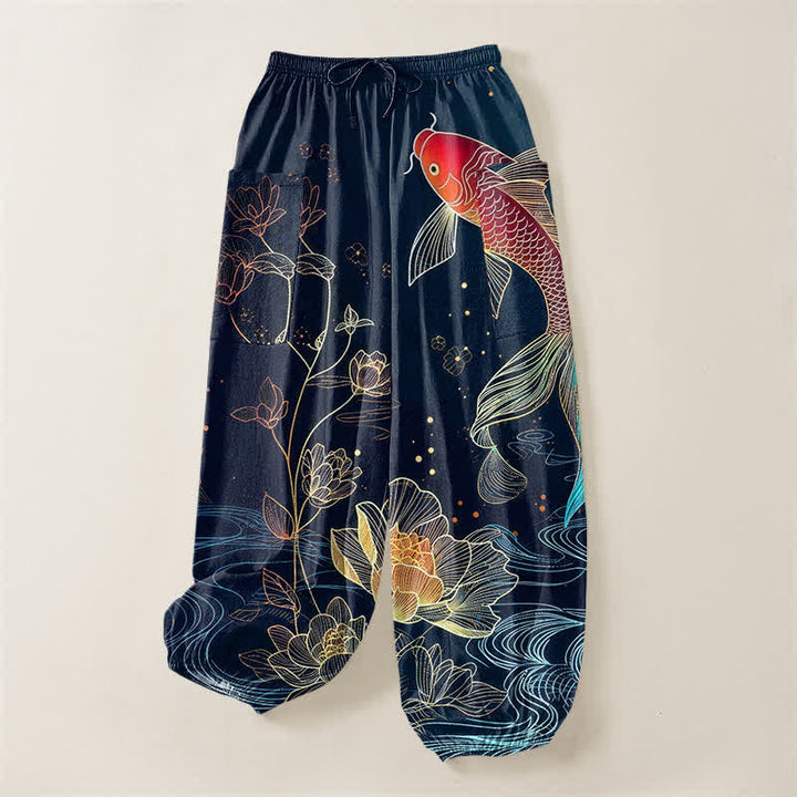 Buddha Stones Pantalones harem de algodón para mujer con estampado de peces koi y flores de loto, cintura elástica y bolsillos laterales. - image 3