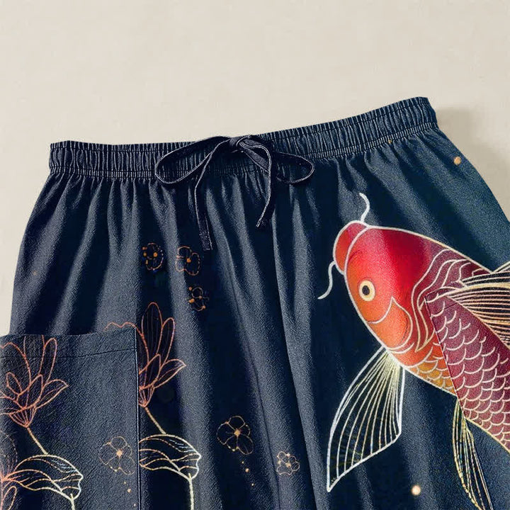 Buddha Stones Pantalones harem de algodón para mujer con estampado de peces koi y flores de loto, cintura elástica y bolsillos laterales. - image 5