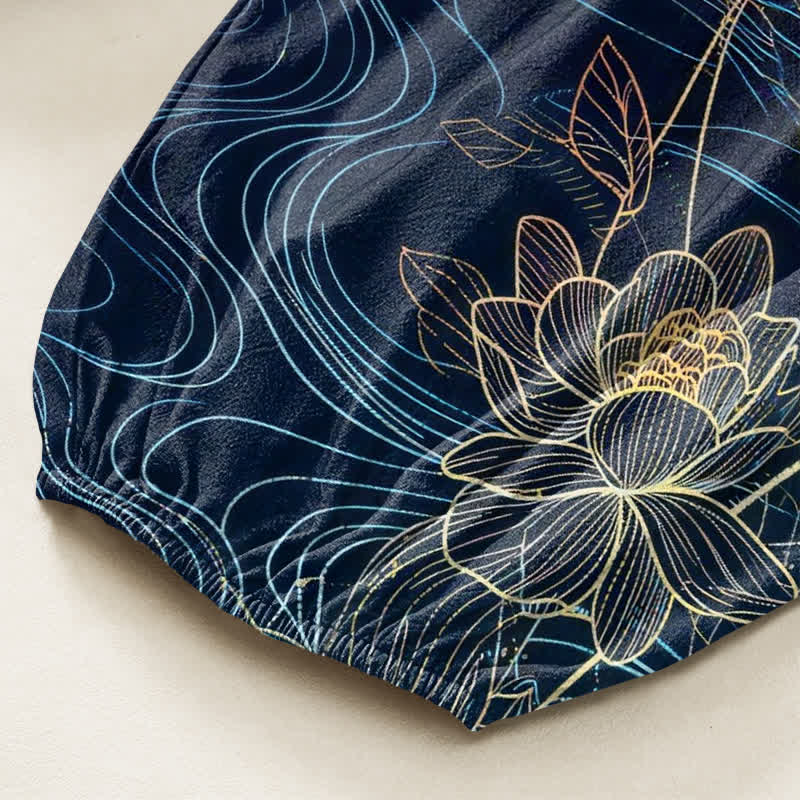 Buddha Stones Pantalones harem de algodón para mujer con estampado de peces koi y flores de loto, cintura elástica y bolsillos laterales. - image 6