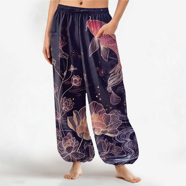 Buddha Stones Pantalones harem de algodón para mujer con estampado de peces koi y flores de loto, cintura elástica y bolsillos laterales. - Púrpura - US16，UK/AU20，EU48 (3XL) - image 7