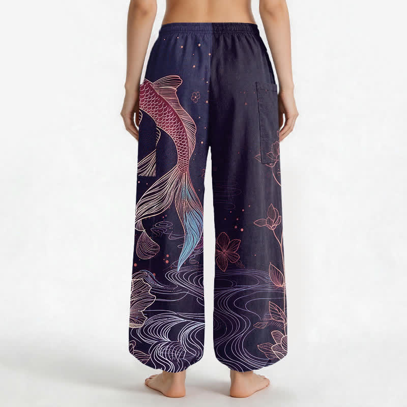 Buddha Stones Pantalones harem de algodón para mujer con estampado de peces koi y flores de loto, cintura elástica y bolsillos laterales. - image 9