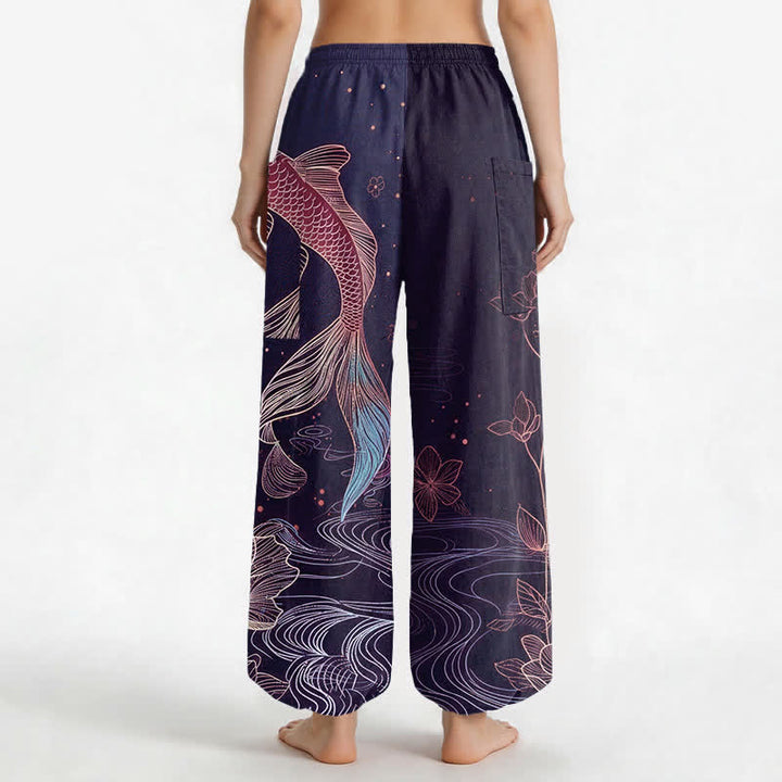 Buddha Stones Pantalones harem de algodón para mujer con estampado de peces koi y flores de loto, cintura elástica y bolsillos laterales. - image 9