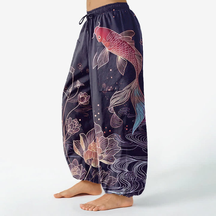 Buddha Stones Pantalones harem de algodón para mujer con estampado de peces koi y flores de loto, cintura elástica y bolsillos laterales. - image 8