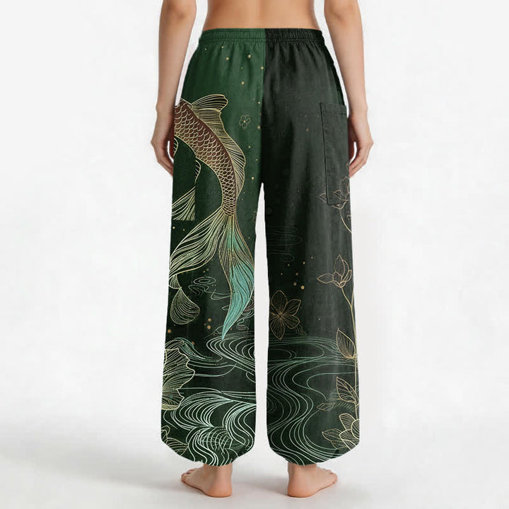 Buddha Stones Pantalones harem de algodón para mujer con estampado de peces koi y flores de loto, cintura elástica y bolsillos laterales. - image 12
