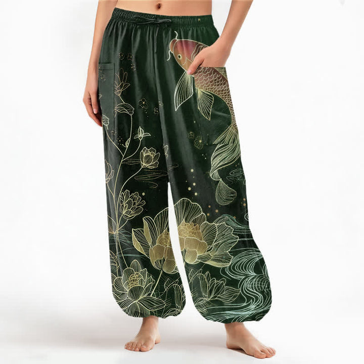 Buddha Stones Pantalones harem de algodón para mujer con estampado de peces koi y flores de loto, cintura elástica y bolsillos laterales. - Verde oscuro - US16，UK/AU20，EU48 (3XL) - image 10
