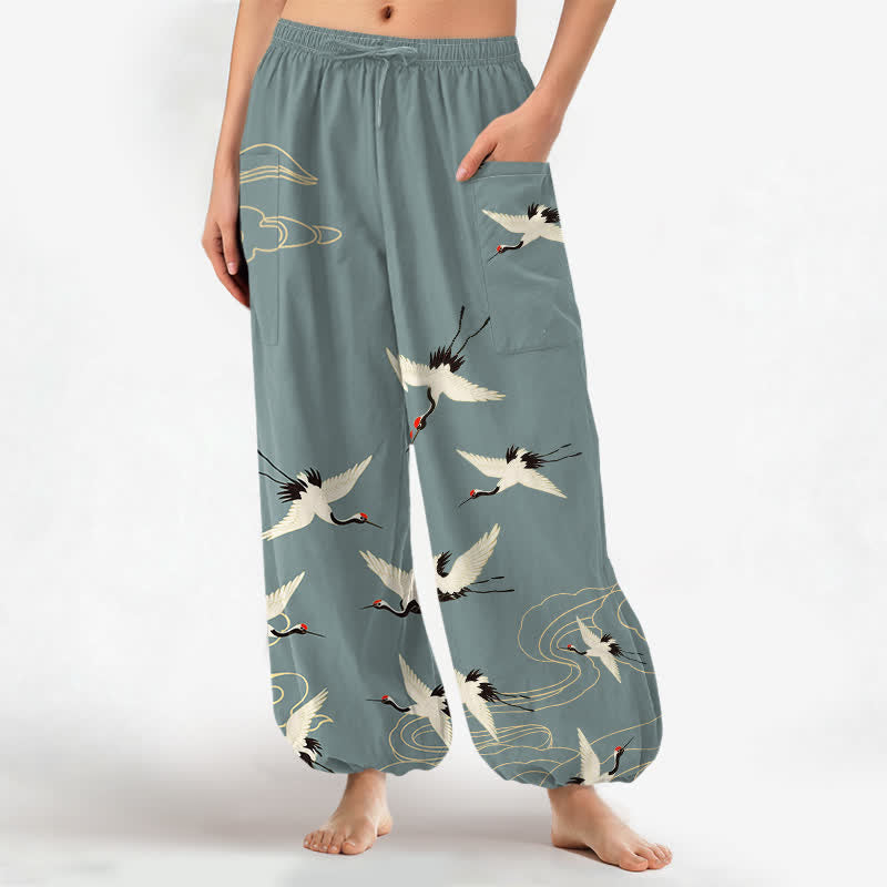 Buddha Stones Pantalones harem de algodón blanco oriental con estampado de grullas y nubes para mujer, cintura elástica y bolsillos laterales. - Azul cadete - US16，UK/AU20，EU48 (3XL) - image 0