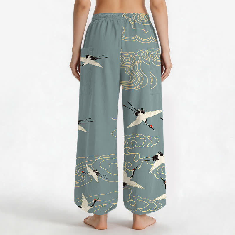Buddha Stones Pantalones harem de algodón blanco oriental con estampado de grullas y nubes para mujer, cintura elástica y bolsillos laterales. - image 2