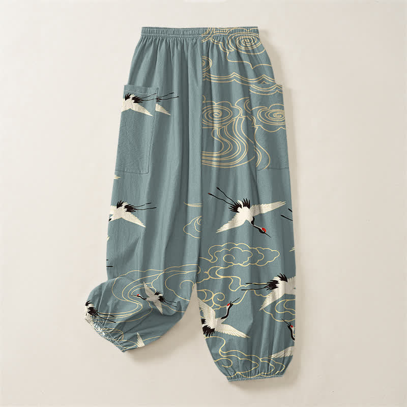 Buddha Stones Pantalones harem de algodón blanco oriental con estampado de grullas y nubes para mujer, cintura elástica y bolsillos laterales. - image 4