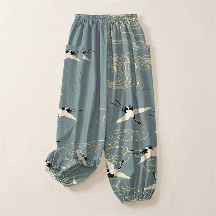 Buddha Stones Pantalones harem de algodón blanco oriental con estampado de grullas y nubes para mujer, cintura elástica y bolsillos laterales. - image 4