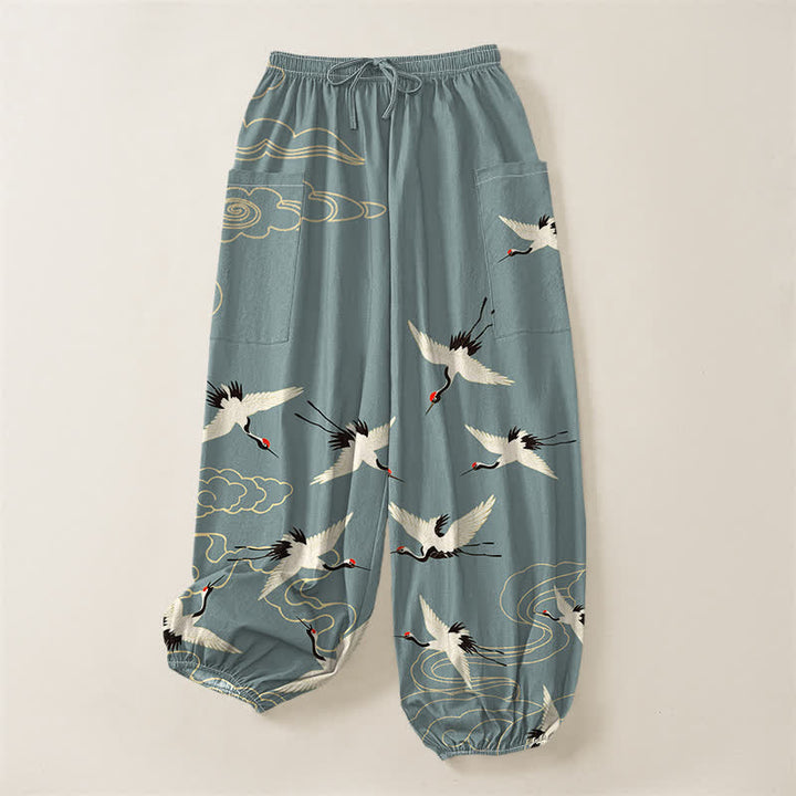 Buddha Stones Pantalones harem de algodón blanco oriental con estampado de grullas y nubes para mujer, cintura elástica y bolsillos laterales. - image 3