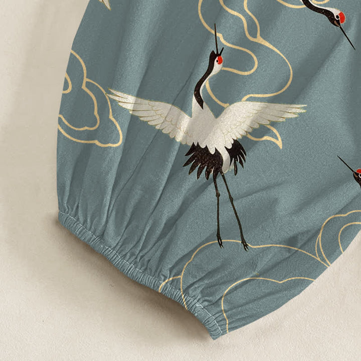 Buddha Stones Pantalones harem de algodón blanco oriental con estampado de grullas y nubes para mujer, cintura elástica y bolsillos laterales. - image 6
