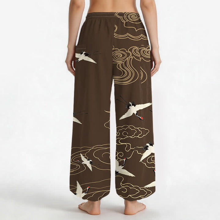 Buddha Stones Pantalones harem de algodón blanco oriental con estampado de grullas y nubes para mujer, cintura elástica y bolsillos laterales. - image 9