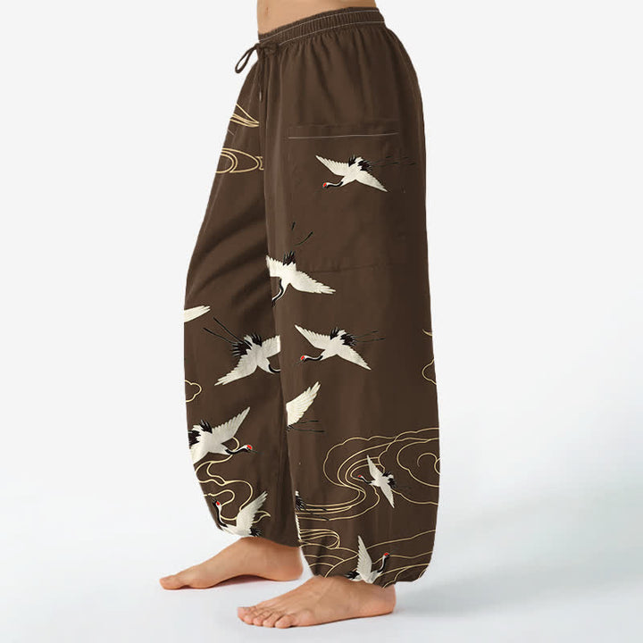 Buddha Stones Pantalones harem de algodón blanco oriental con estampado de grullas y nubes para mujer, cintura elástica y bolsillos laterales. - image 8