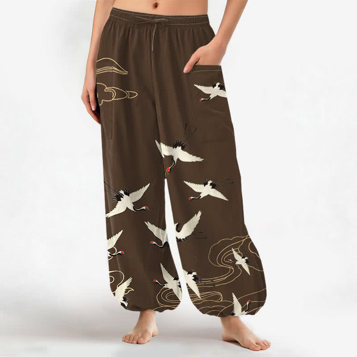 Buddha Stones Pantalones harem de algodón blanco oriental con estampado de grullas y nubes para mujer, cintura elástica y bolsillos laterales. - Marrón silla de montar - US16，UK/AU20，EU48 (3XL) - image 7