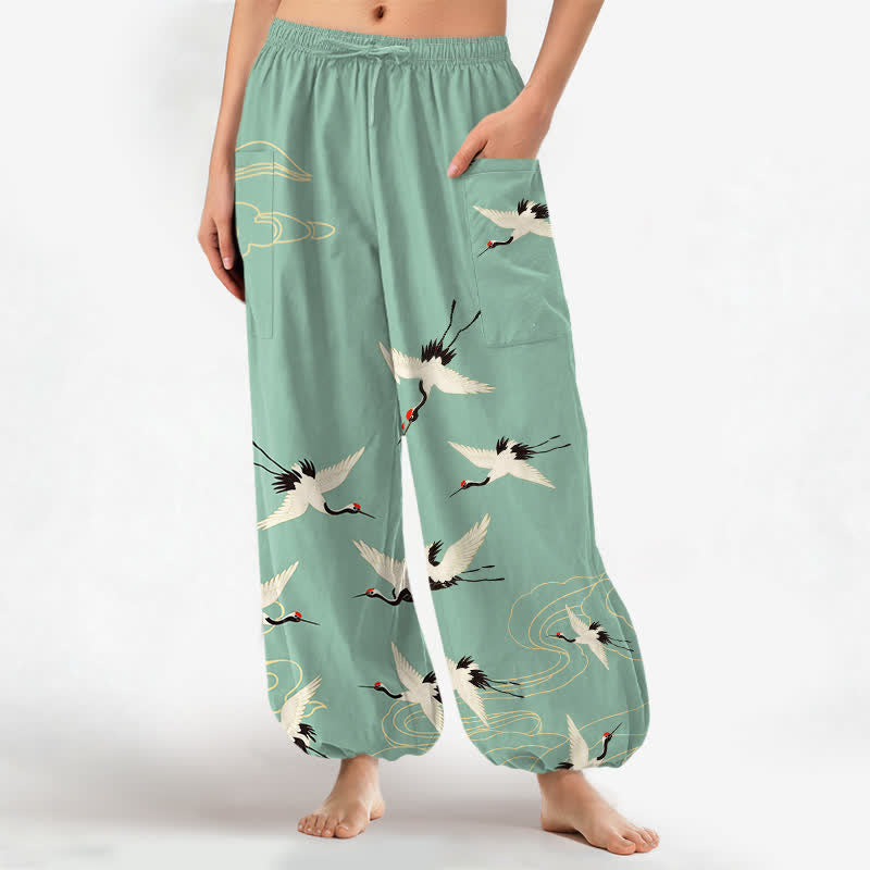 Buddha Stones Pantalones harem de algodón blanco oriental con estampado de grullas y nubes para mujer, cintura elástica y bolsillos laterales. - Aguamarina medio - US16，UK/AU20，EU48 (3XL) - image 10