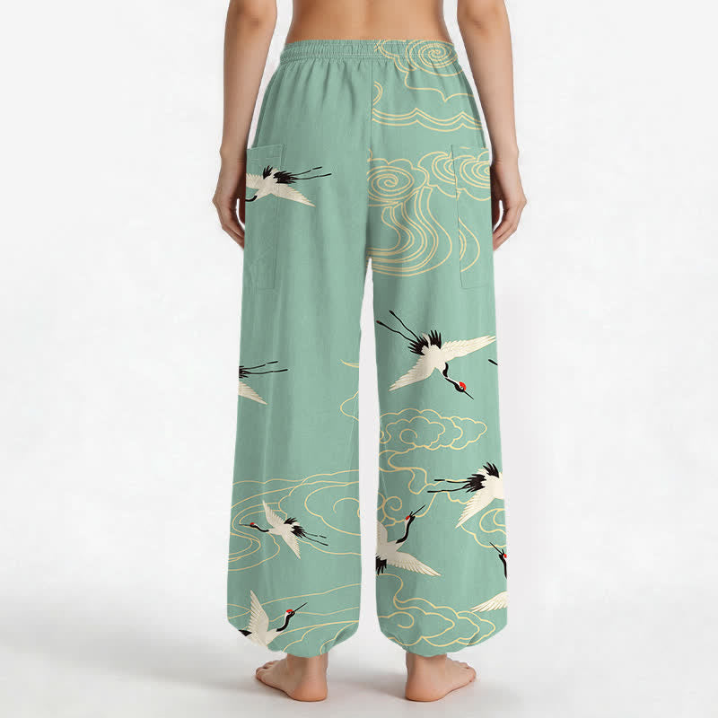 Buddha Stones Pantalones harem de algodón blanco oriental con estampado de grullas y nubes para mujer, cintura elástica y bolsillos laterales. - image 12