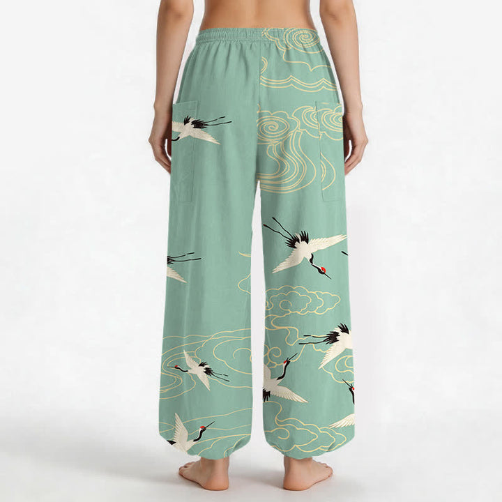 Buddha Stones Pantalones harem de algodón blanco oriental con estampado de grullas y nubes para mujer, cintura elástica y bolsillos laterales. - image 12
