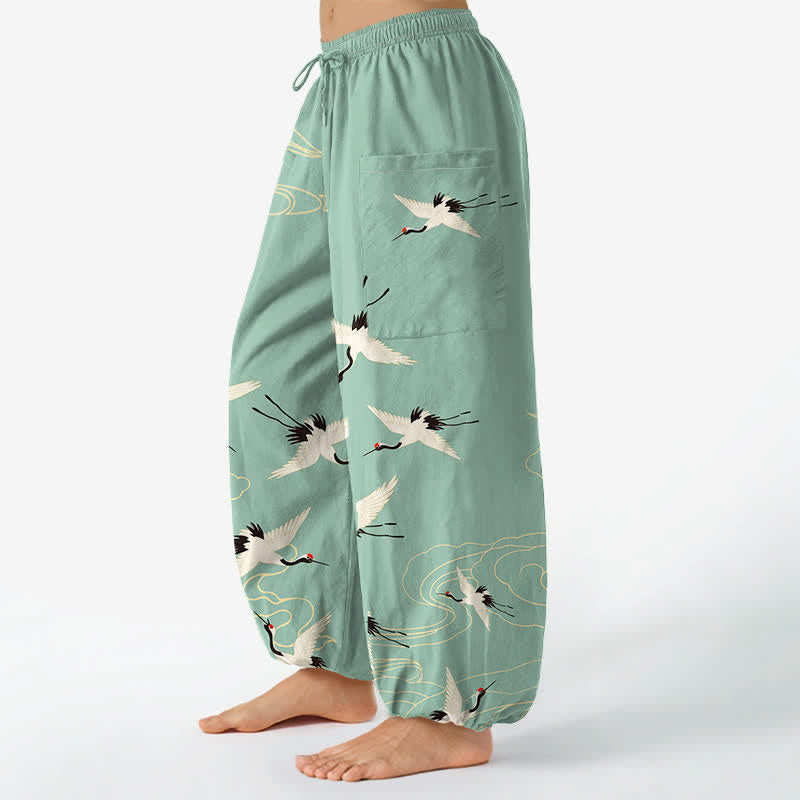 Buddha Stones Pantalones harem de algodón blanco oriental con estampado de grullas y nubes para mujer, cintura elástica y bolsillos laterales. - image 11