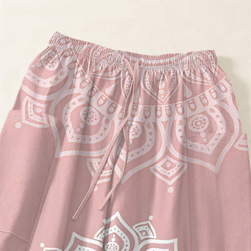 Buddha Stones Pantalones harem de algodón estilo boho con estampado de mandala blanco y cintura elástica para mujer, con bolsillos laterales. - image 5